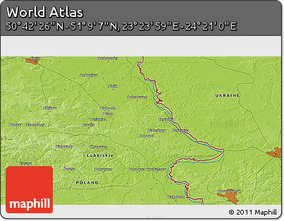 Physical 3D Map of the Area around 50° 55' 47" N, 23° 52' 30" E