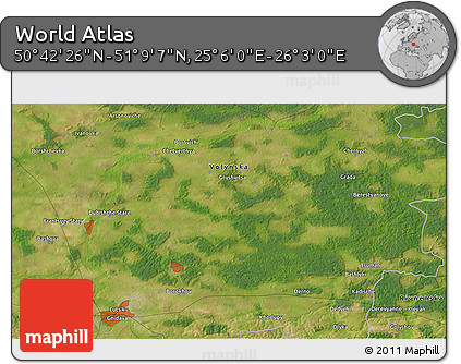 Satellite 3D Map of the Area around 50° 55' 47" N, 25° 34' 30" E