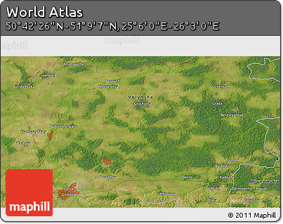 Satellite 3D Map of the Area around 50° 55' 47" N, 25° 34' 30" E