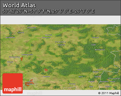 Satellite 3D Map of the Area around 50° 55' 47" N, 25° 34' 30" E