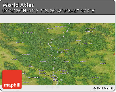 Satellite 3D Map of the Area around 50° 55' 47" N, 27° 16' 29" E