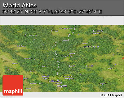 Satellite 3D Map of the Area around 50° 55' 47" N, 27° 16' 29" E