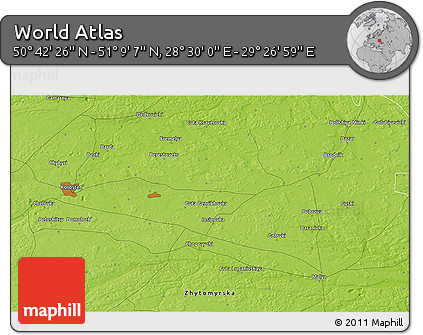 Physical 3D Map of the Area around 50° 55' 47" N, 28° 58' 30" E