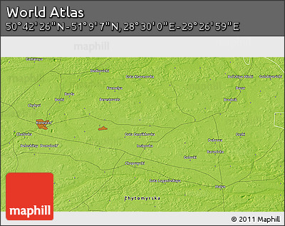 Physical 3D Map of the Area around 50° 55' 47" N, 28° 58' 30" E