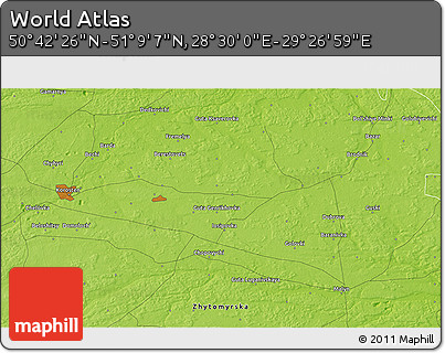 Physical 3D Map of the Area around 50° 55' 47" N, 28° 58' 30" E