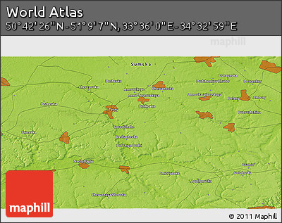 Physical 3D Map of the Area around 50° 55' 47" N, 34° 4' 30" E