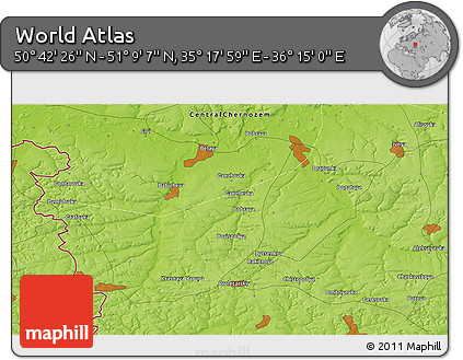 Physical 3D Map of the Area around 50° 55' 47" N, 35° 46' 29" E