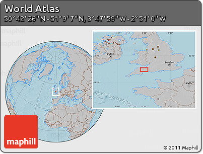 Gray Location Map of the Area around 50° 55' 47" N, 3° 19' 30" W, hill shading