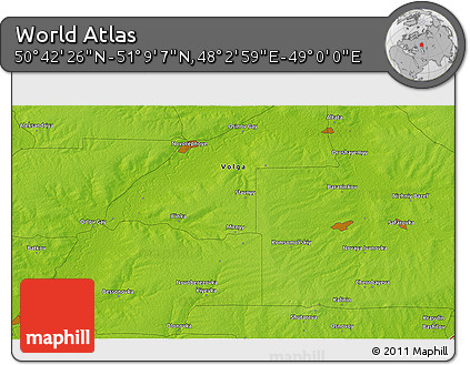 Physical 3D Map of the Area around 50° 55' 47" N, 48° 31' 29" E