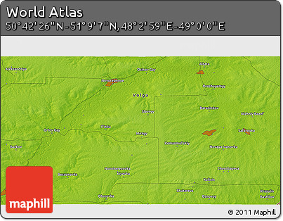 Physical 3D Map of the Area around 50° 55' 47" N, 48° 31' 29" E