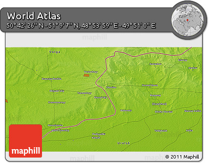 Physical 3D Map of the Area around 50° 55' 47" N, 49° 22' 30" E