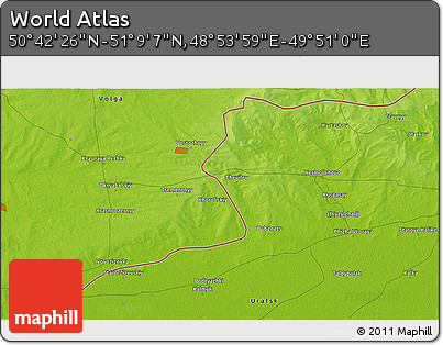 Physical 3D Map of the Area around 50° 55' 47" N, 49° 22' 30" E