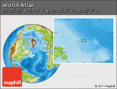 Physical Location Map of the Area around 50° 55' 47" N, 49° 13' 30" W
