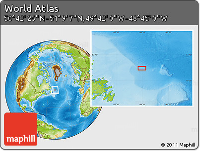 Physical Location Map of the Area around 50° 55' 47" N, 49° 13' 30" W