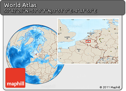 Shaded Relief Location Map of the Area around 50° 55' 47" N, 4° 19' 30" E