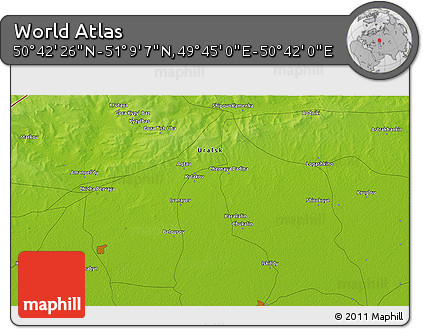 Physical 3D Map of the Area around 50° 55' 47" N, 50° 13' 30" E