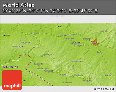Physical 3D Map of the Area around 50° 55' 47" N, 55° 19' 30" E