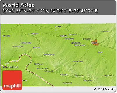 Physical 3D Map of the Area around 50° 55' 47" N, 55° 19' 30" E