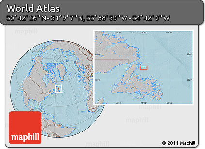 Gray Location Map of the Area around 50° 55' 47" N, 55° 10' 29" W, hill shading