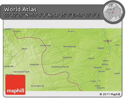 Physical 3D Map of the Area around 50° 55' 47" N, 58° 43' 30" E