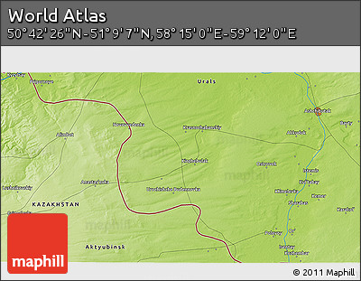 Physical 3D Map of the Area around 50° 55' 47" N, 58° 43' 30" E