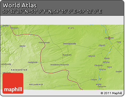 Physical 3D Map of the Area around 50° 55' 47" N, 58° 43' 30" E