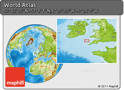 Physical Location Map of the Area around 50° 55' 47" N, 5° 52' 30" W