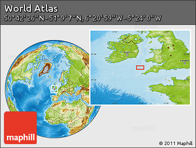 Physical Location Map of the Area around 50° 55' 47" N, 5° 52' 30" W