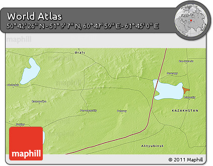 Physical 3D Map of the Area around 50° 55' 47" N, 61° 16' 29" E