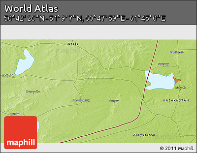 Physical 3D Map of the Area around 50° 55' 47" N, 61° 16' 29" E