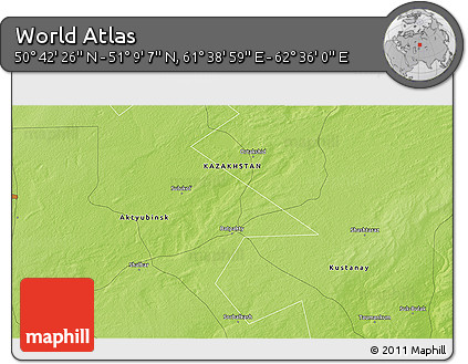Physical 3D Map of the Area around 50° 55' 47" N, 62° 7' 30" E