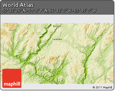 Physical 3D Map of the Area around 50° 55' 47" N, 66° 13' 29" W