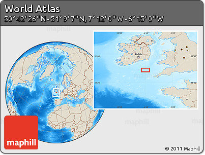 Shaded Relief Location Map of the Area around 50° 55' 47" N, 6° 43' 29" W