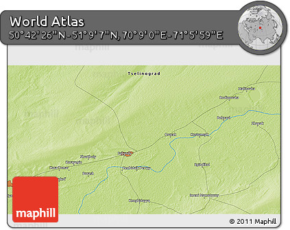 Physical 3D Map of the Area around 50° 55' 47" N, 70° 37' 30" E