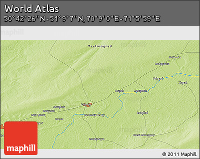 Physical 3D Map of the Area around 50° 55' 47" N, 70° 37' 30" E