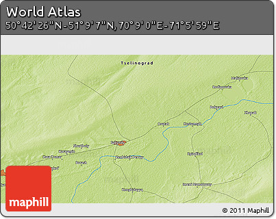 Physical 3D Map of the Area around 50° 55' 47" N, 70° 37' 30" E