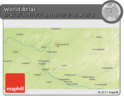 Physical 3D Map of the Area around 50° 55' 47" N, 72° 19' 29" E