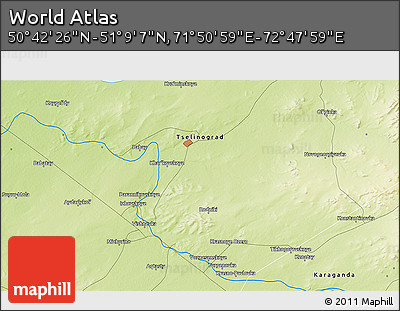 Physical 3D Map of the Area around 50° 55' 47" N, 72° 19' 29" E