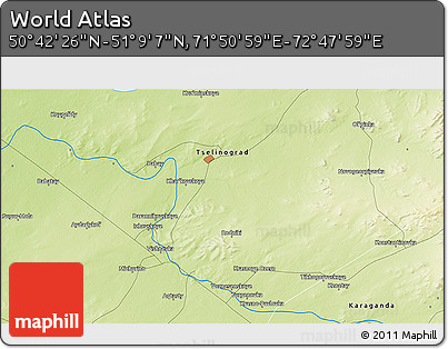 Physical 3D Map of the Area around 50° 55' 47" N, 72° 19' 29" E