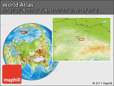 Physical Location Map of the Area around 50° 55' 47" N, 72° 19' 29" E