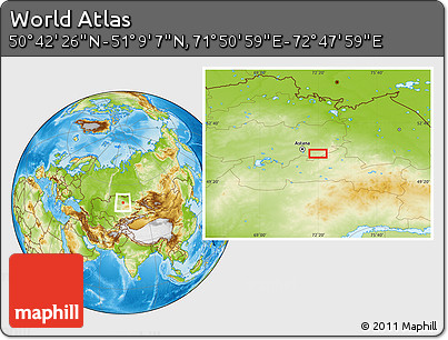 Physical Location Map of the Area around 50° 55' 47" N, 72° 19' 29" E
