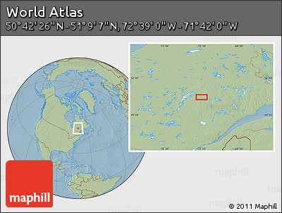 Savanna Style Location Map of the Area around 50° 55' 47" N, 72° 10' 30" W, hill shading