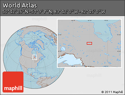 Gray Location Map of the Area around 50° 55' 47" N, 83° 13' 29" W, hill shading