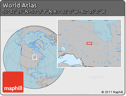 Gray Location Map of the Area around 50° 55' 47" N, 83° 13' 29" W, hill shading