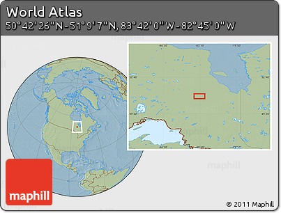 Savanna Style Location Map of the Area around 50° 55' 47" N, 83° 13' 29" W, hill shading