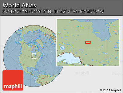 Savanna Style Location Map of the Area around 50° 55' 47" N, 83° 13' 29" W, hill shading