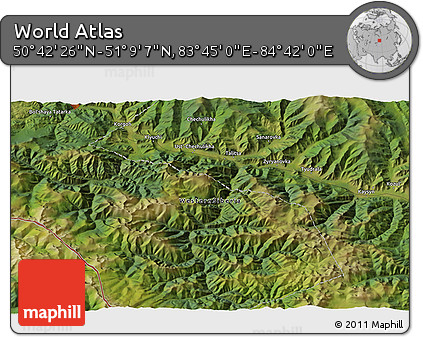 Satellite 3D Map of the Area around 50° 55' 47" N, 84° 13' 29" E