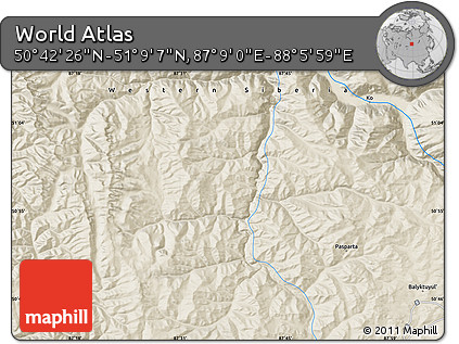Shaded Relief Map of the Area around 50° 55' 47" N, 87° 37' 30" E