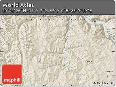 Shaded Relief Map of the Area around 50° 55' 47" N, 87° 37' 30" E
