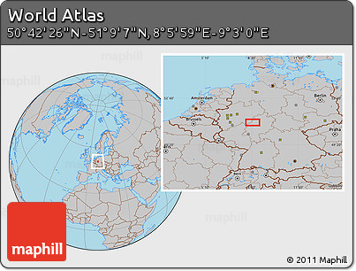 Gray Location Map of the Area around 50° 55' 47" N, 8° 34' 29" E